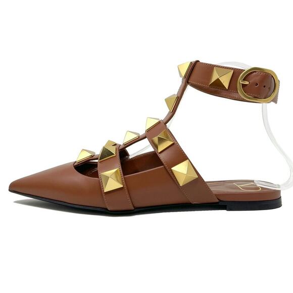 Valentino Garavani Roman Stud Brown Leather Gladiator Flats – Size 38 - Picture 1 of 10